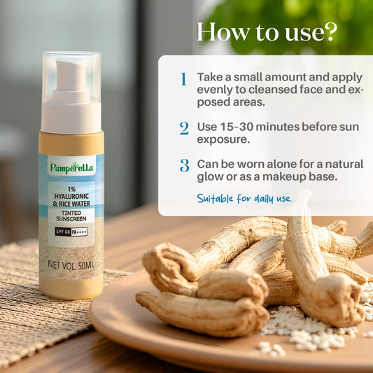 Pamperella 1% Hyaluronic & Rice Water Tinted Sunscreen SPF 60 PA++++